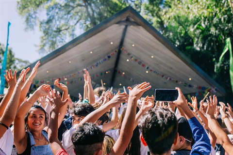 A crowd of happy people at a community festival waving their hands in the air