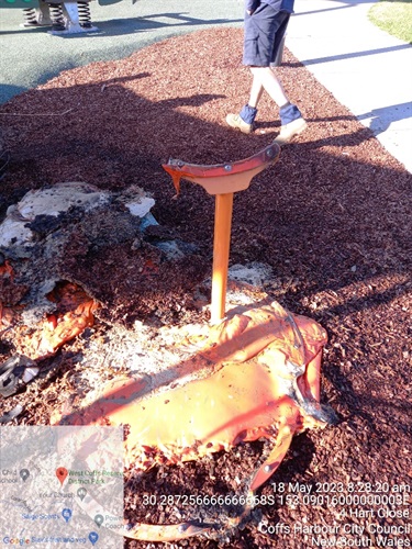 Melted play equipment at West Coffs Reserve burnt and totally destroyed by vandals