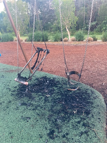 Swings at West Coffs Reserve burnt and totally destroyed by vandals