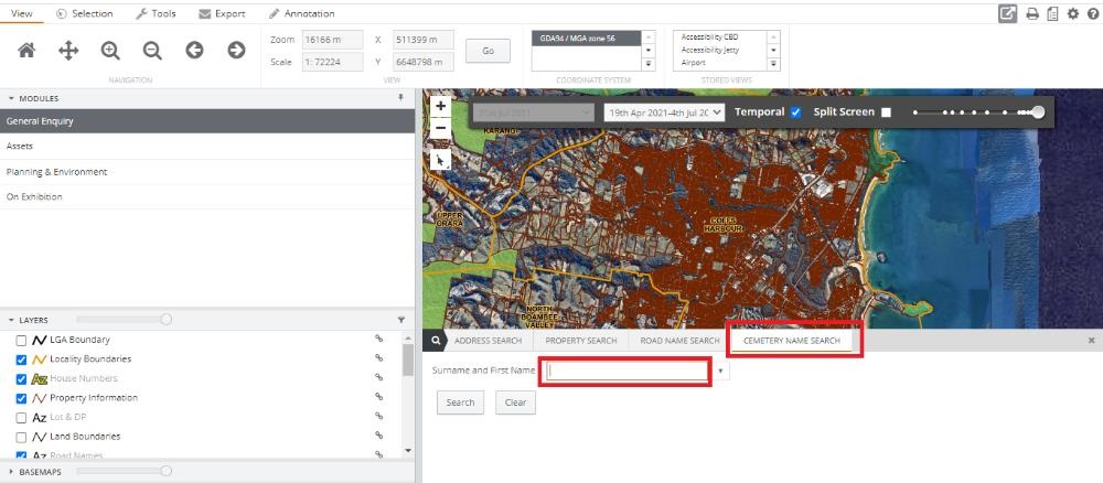 Screenshot of online mapping tool showing cemetery search selected