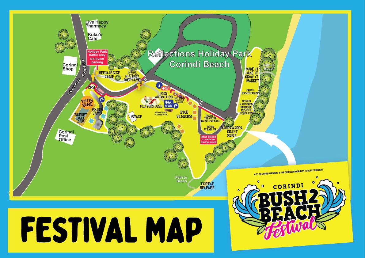 Map of Corindi headland with Bush2Beach Festival site and stalls