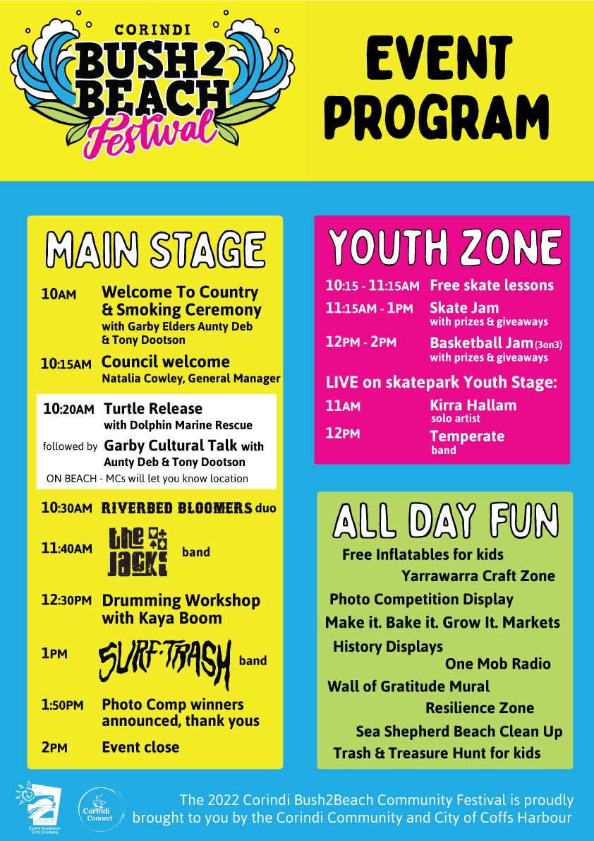 Image with event program showing line up of entertainment and activities for Bush2Beach Festival