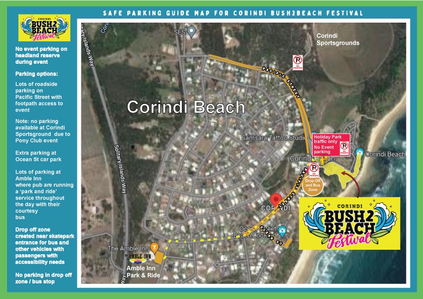 Map of Corindi Beach showing parking and transport options for Bush2Beach Festival